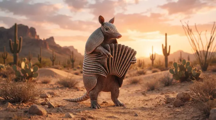 Funny armadillo standing in the desert for an armadillo jokes article