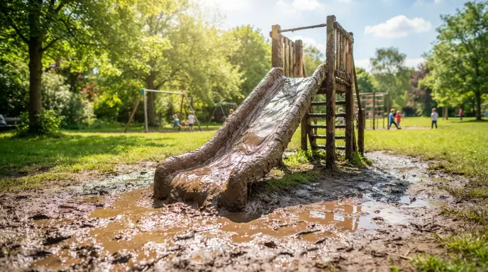 Funny muddy puns with a muddy outdoor playground and puddles